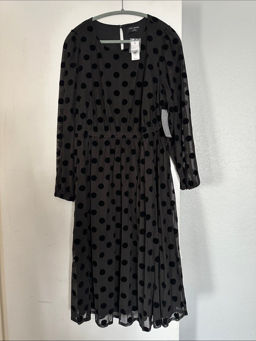 Lane Bryant Black Polka Dot Midi Dress with Sheer Sleeves
